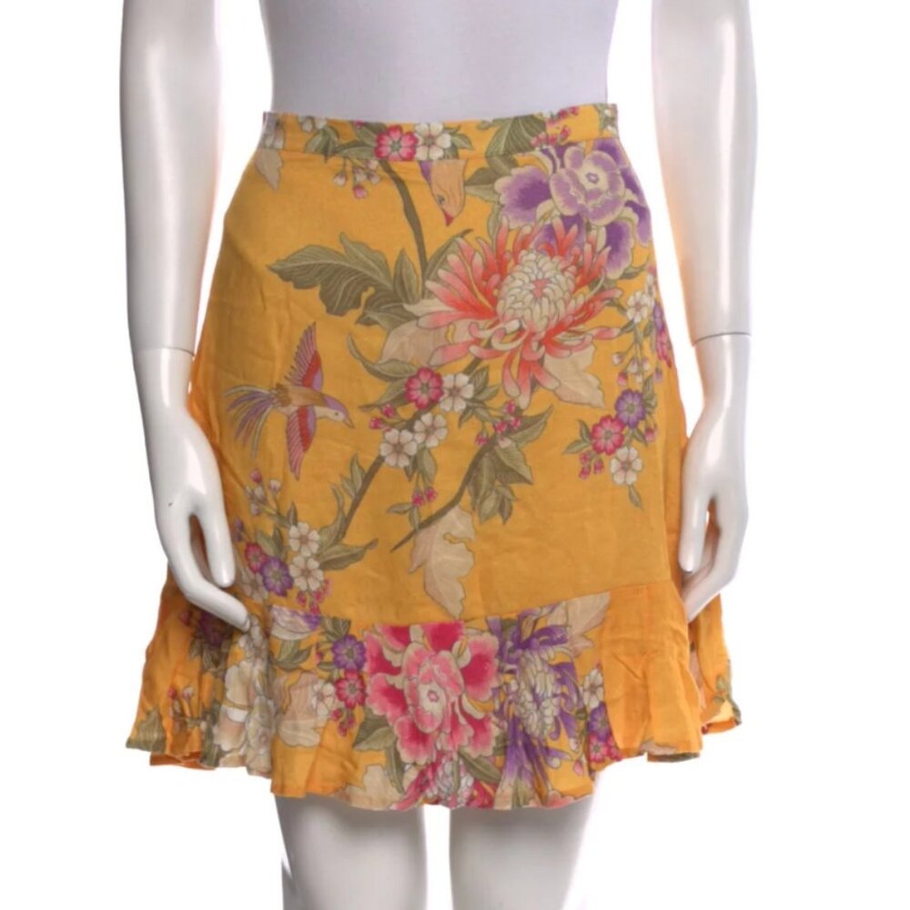 Spell & The Gypsy Floral Mini Skirt Mustard Boho Viscose Ruffle Hem M NWT